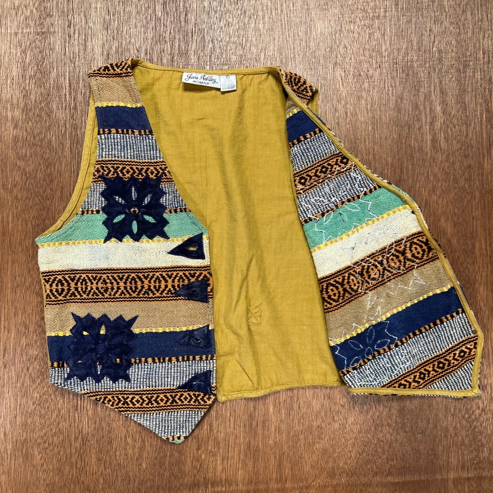 Jane Ashley Vintage Southwestern Woven Vest Cotton Applique Mustard - Picture 5 of 10